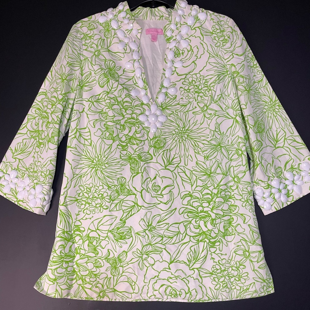Lilly Pulitzer White and Lime Green Floral Tunic